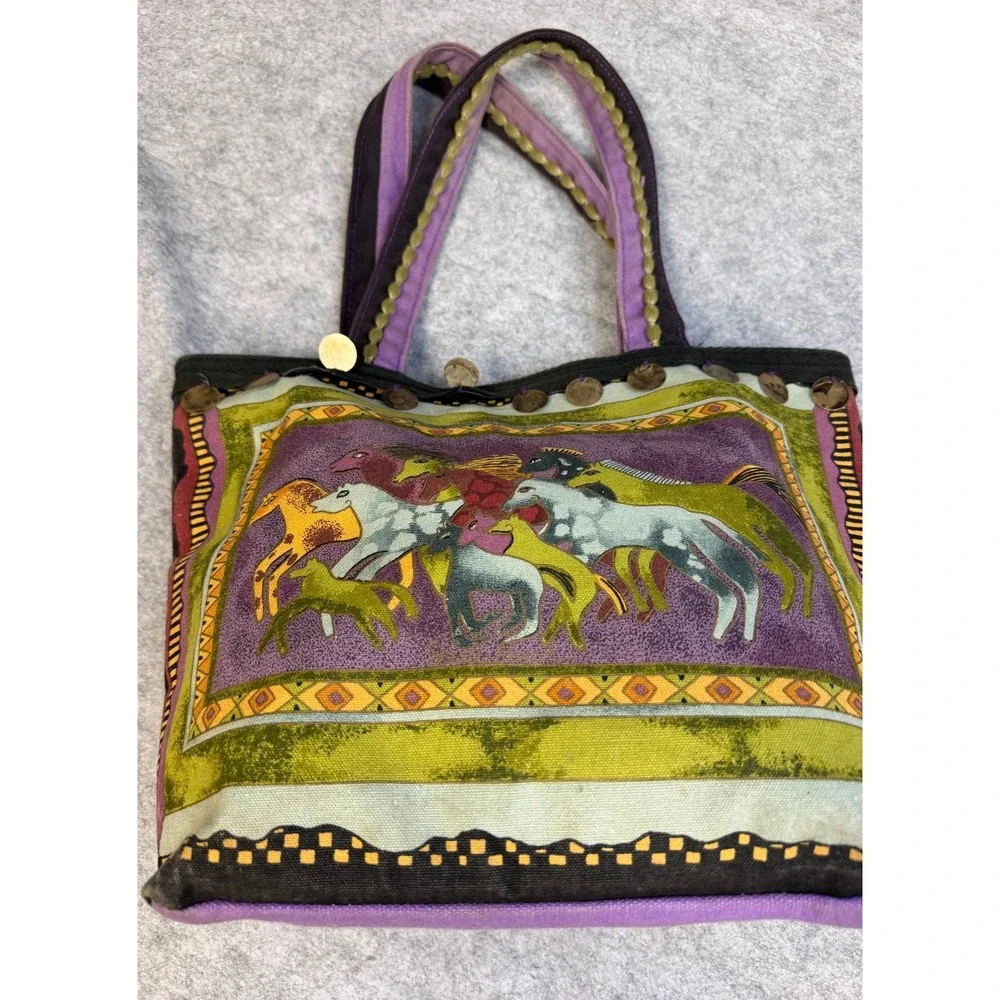 Laurel Burch Wild Horse Canvas Tote Bag Purple Green‎ Shoulder Bag Coins *READ*